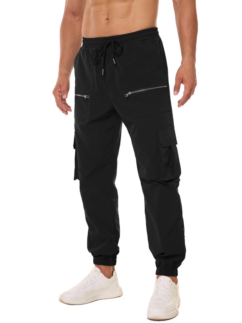 PLEPAN Mens Cargo Pants Elastic Waist Drawstring Casual Joggers Hiking Workout Tapered Sweatpants with Multi Pockets, Black, L - Image 2