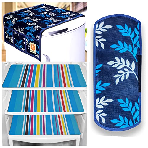 KANUSHI Industries® 1Pc Fridge Cover for Top with 6 Utility Pockets + 1 Handles Covers + 3 Fridge Mats (VAR-FRI-BLUE-SMALL-LEAVES-COMBO-M-1) - Image 1