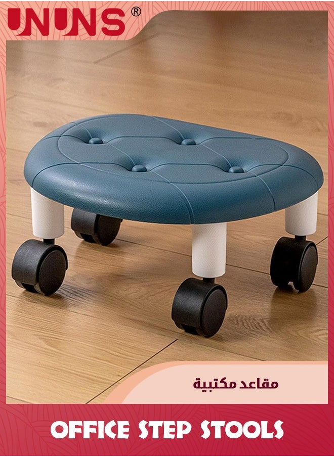 UNUNS Office Step Stools,Universal Wheel Movable Mini Stool,Low Roller Seat Wheel Stool Chair Leather Little Low Small Stools for Home Office Sport,Blue  - Image 1