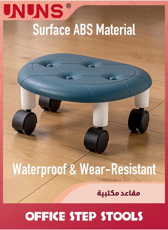 UNUNS Office Step Stools,Universal Wheel Movable Mini Stool,Low Roller Seat Wheel Stool Chair Leather Little Low Small Stools for Home Office Sport,Blue  - Image 3