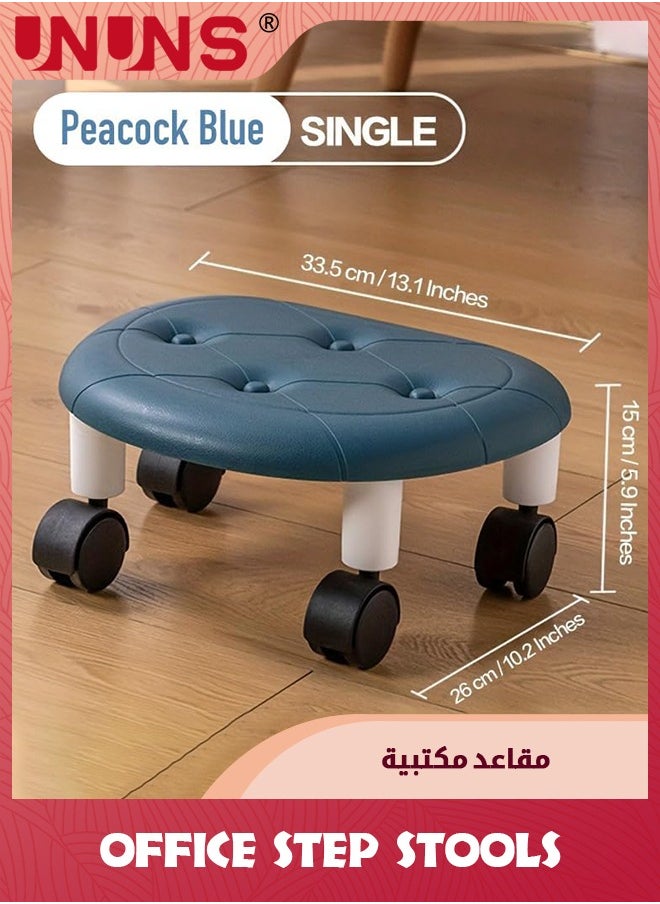 UNUNS Office Step Stools,Universal Wheel Movable Mini Stool,Low Roller Seat Wheel Stool Chair Leather Little Low Small Stools for Home Office Sport,Blue  - Image 2