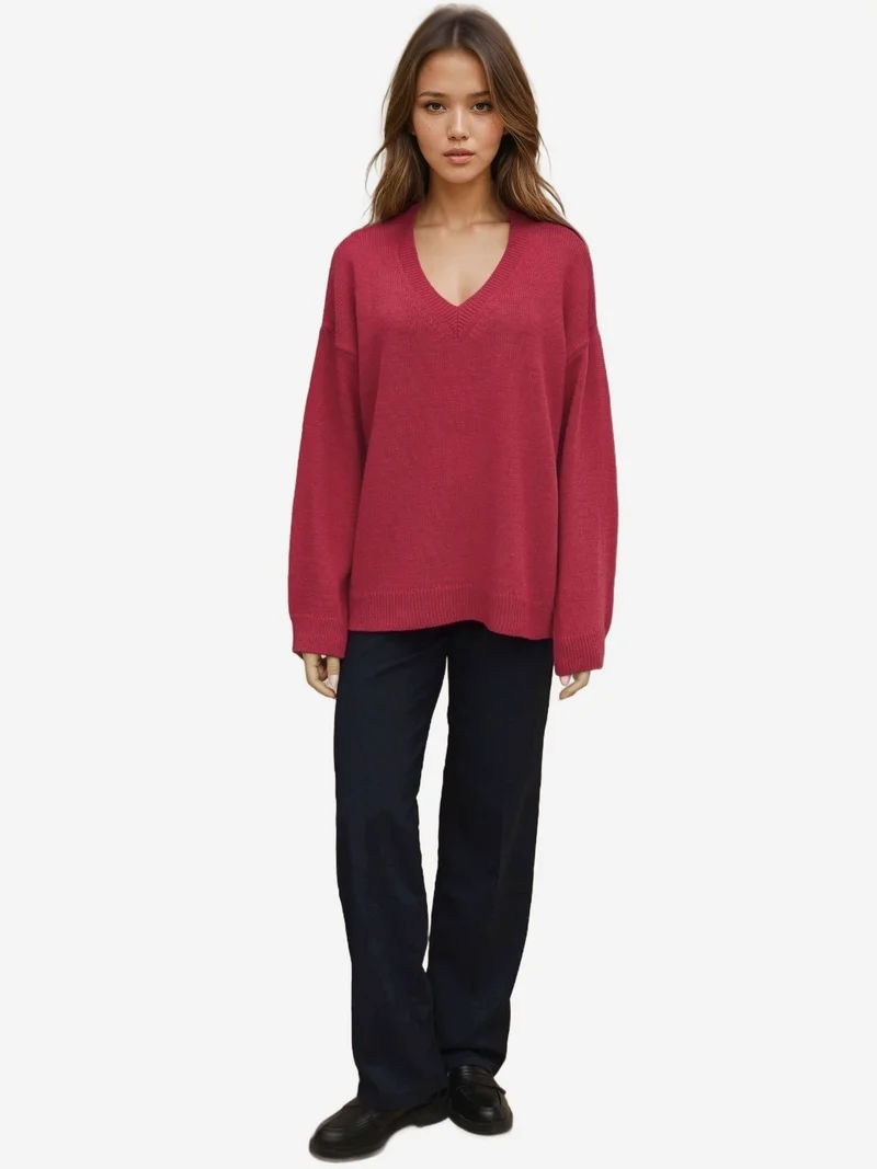 Hiccup Cherry Red Thick Knit V-neck Sweater for Women | Best Price UAE