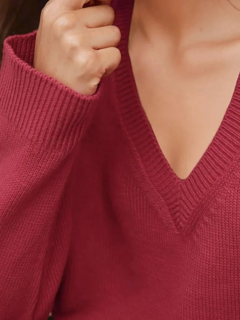 Hiccup Cherry Red Thick Knit V-neck Sweater for Women | Best Price UAE