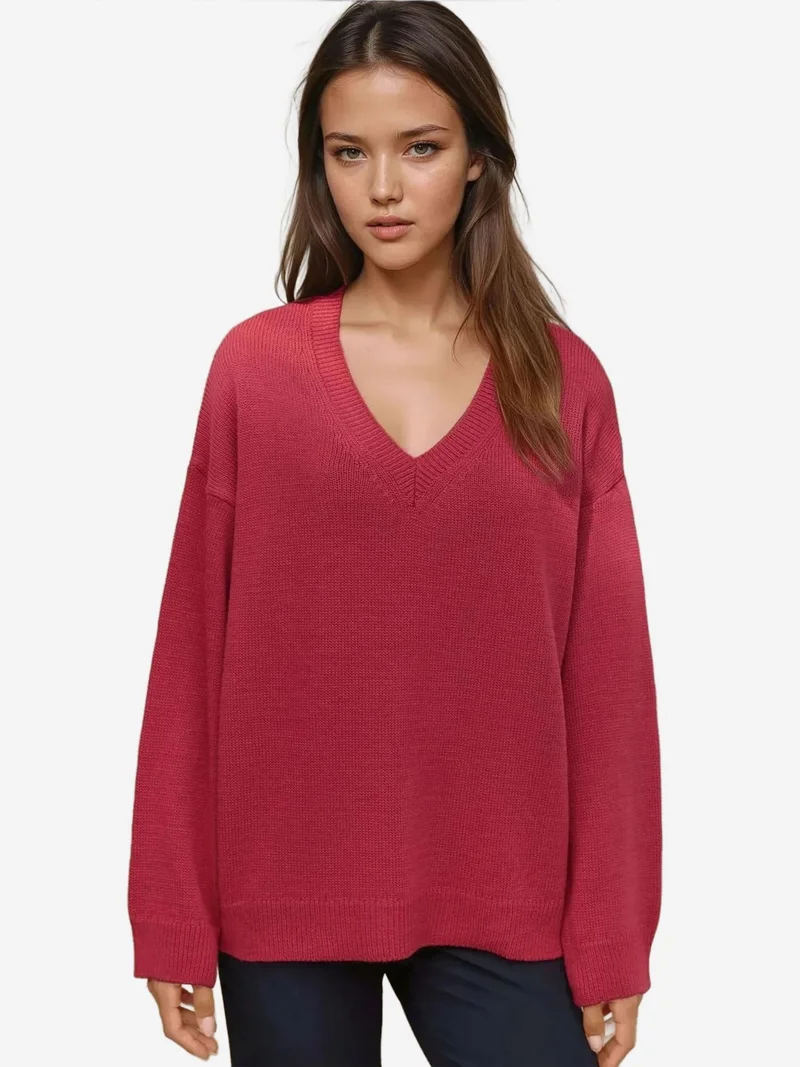 Hiccup Cherry Red Thick Knit V-neck Sweater for Women | Best Price UAE
