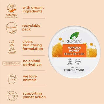 dr.organic Dr Organic Manuka Honey Body Butter Moisturising Dry Skin Mens Womens Natural Vegetarian CrueltyFree Paraben SLSFree Organic 200ml - Image 3