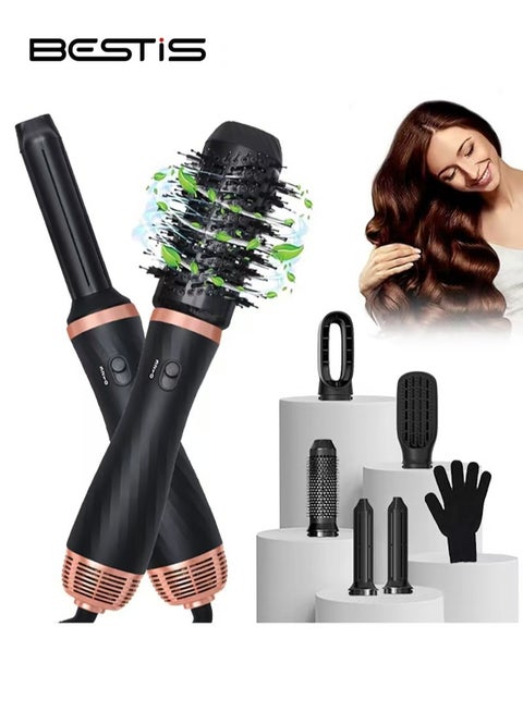 6 in 1 Hair Dryer Brush 1000W Curling Wand Set Hair Curler Inner Button Instant Heat Up Hair Curler with 5 Interchangeable Ceramic Barrels