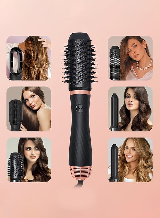 6 in 1 Hair Dryer Brush 1000W Curling Wand Set Hair Curler Inner Button Instant Heat Up Hair Curler with 5 Interchangeable Ceramic Barrels