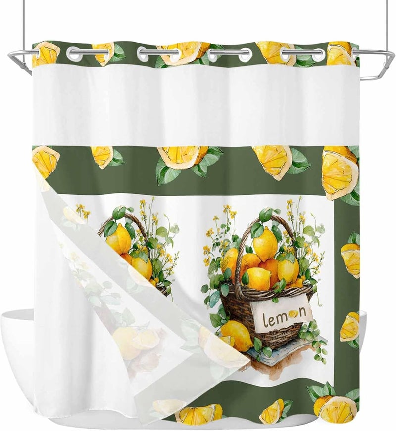No Hook Shower Curtain and Liner Set, Lemon Basket Summer Snap in Shower Curtain Set, Farmhouse Green Lace Eucalyptus Waterproof Fabric Bathroom Curtain with See Through Top Window 72"x72" - Image 1