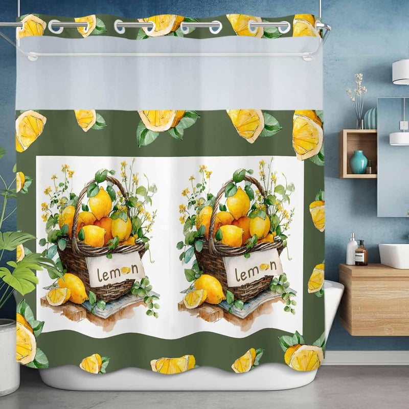 No Hook Shower Curtain and Liner Set, Lemon Basket Summer Snap in Shower Curtain Set, Farmhouse Green Lace Eucalyptus Waterproof Fabric Bathroom Curtain with See Through Top Window 72"x72" - Image 5