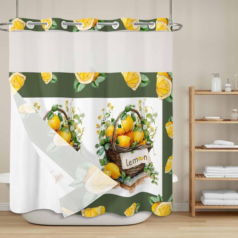 No Hook Shower Curtain and Liner Set, Lemon Basket Summer Snap in Shower Curtain Set, Farmhouse Green Lace Eucalyptus Waterproof Fabric Bathroom Curtain with See Through Top Window 72"x72" - Image 2