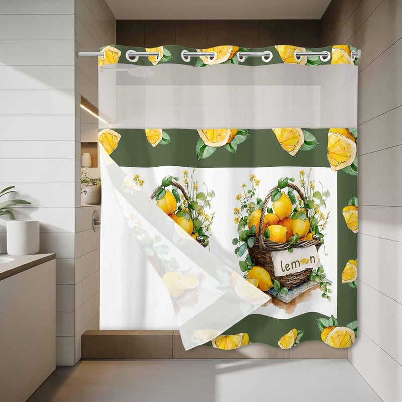 No Hook Shower Curtain and Liner Set, Lemon Basket Summer Snap in Shower Curtain Set, Farmhouse Green Lace Eucalyptus Waterproof Fabric Bathroom Curtain with See Through Top Window 72"x72" - Image 3