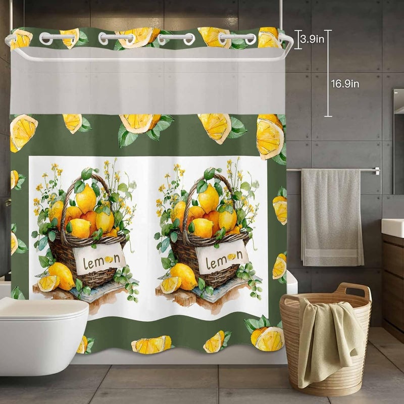 No Hook Shower Curtain and Liner Set, Lemon Basket Summer Snap in Shower Curtain Set, Farmhouse Green Lace Eucalyptus Waterproof Fabric Bathroom Curtain with See Through Top Window 72"x72" - Image 4