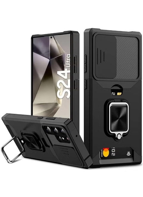 For Samsung Galaxy S24 Ultra Case with Card Holder,rojarou for Sumsung S24 Ultra Case with Slide Camera Cover and 360° Rotate Ring Kickstand Heavy Duty Protective Phone Case for S24 Ultra Cover-black