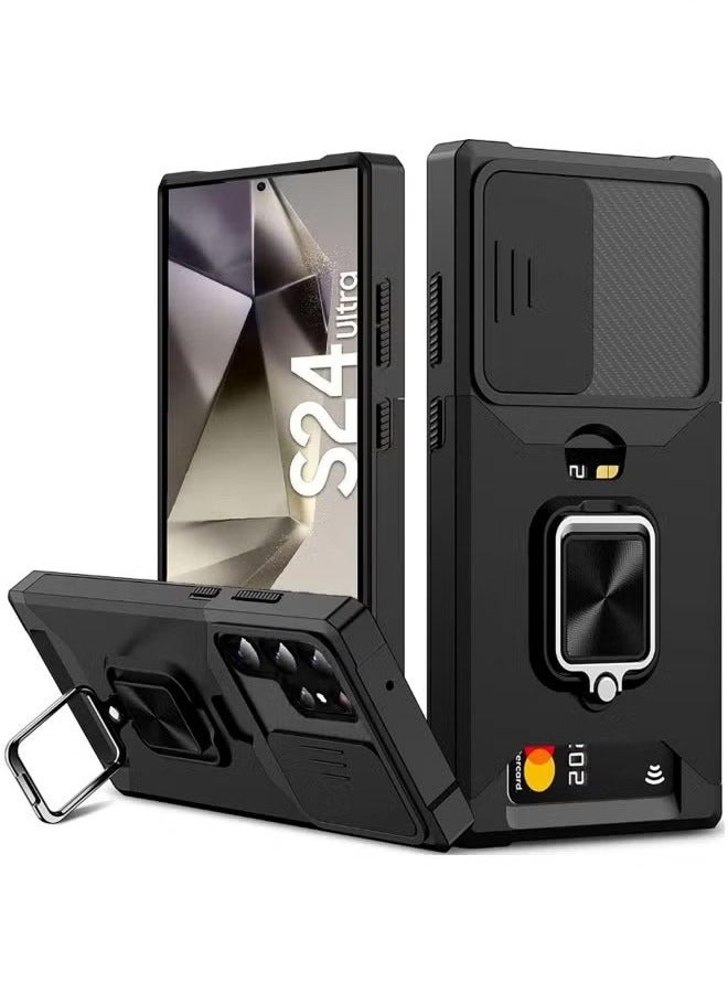 لحافظة Samsung Galaxy S24 Ultra مع حامل بطاقة ، روجارو لحافظة Sumsung S24 Ultra مع غطاء كاميرا منزلق وغطاء هاتف واقي للخدمة الشاقة بزاوية 360 درجة لغطاء S24 Ultra - أسود - Image 1