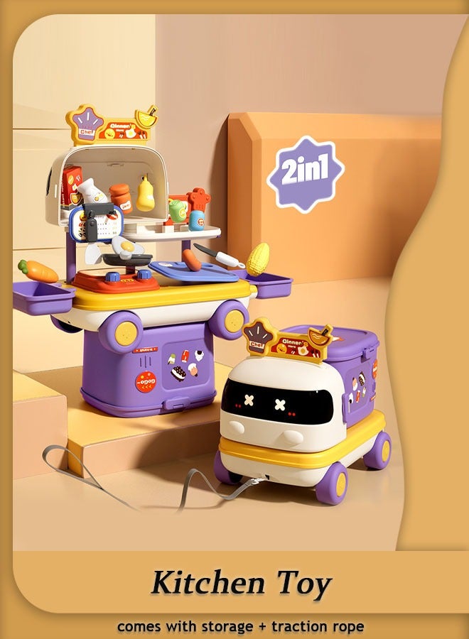Kids Kitchen Toys Multifunctional Storage Educational Toys Kids Educational Role Play Kitchen Toy Set with Storage Box and Tow Rope Kitchen Utensils for Toddlers - Image 1