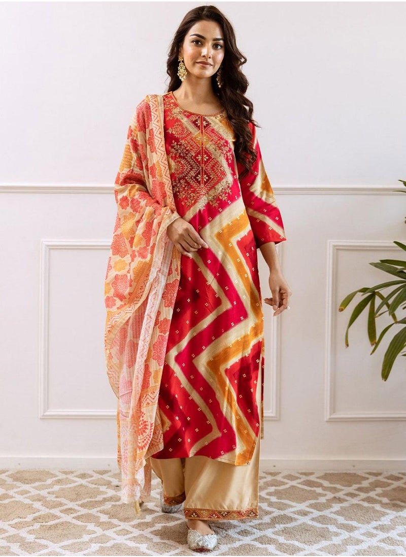 ISHIN Women's Red Rayon Printed Tunic Full Length Casual Straight Fit Kurta Set  - Image 3