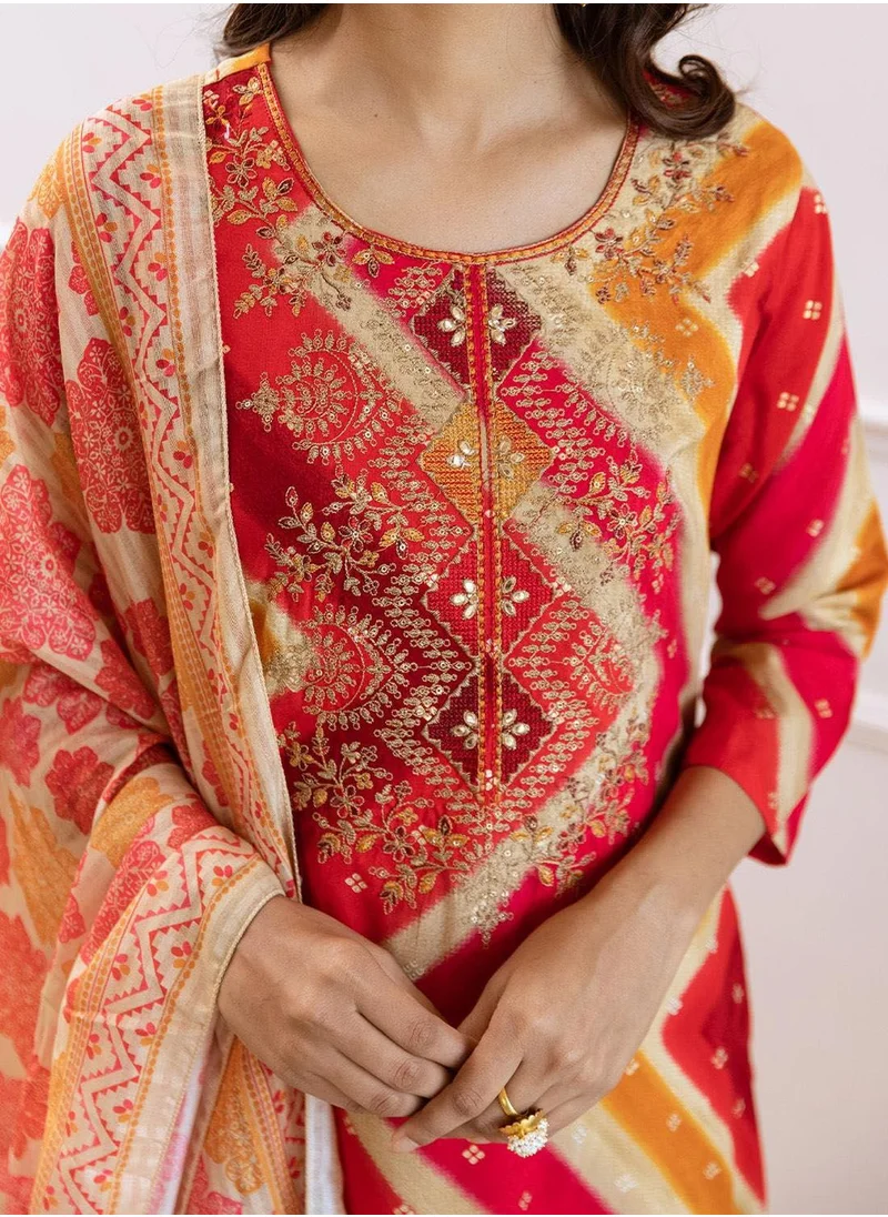 آي شين Women's Red Rayon Printed Tunic Full Length Casual Straight Fit Kurta Set