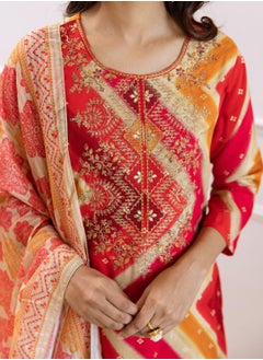 ISHIN Women's Red Rayon Printed Tunic Full Length Casual Straight Fit Kurta Set  - Image 2