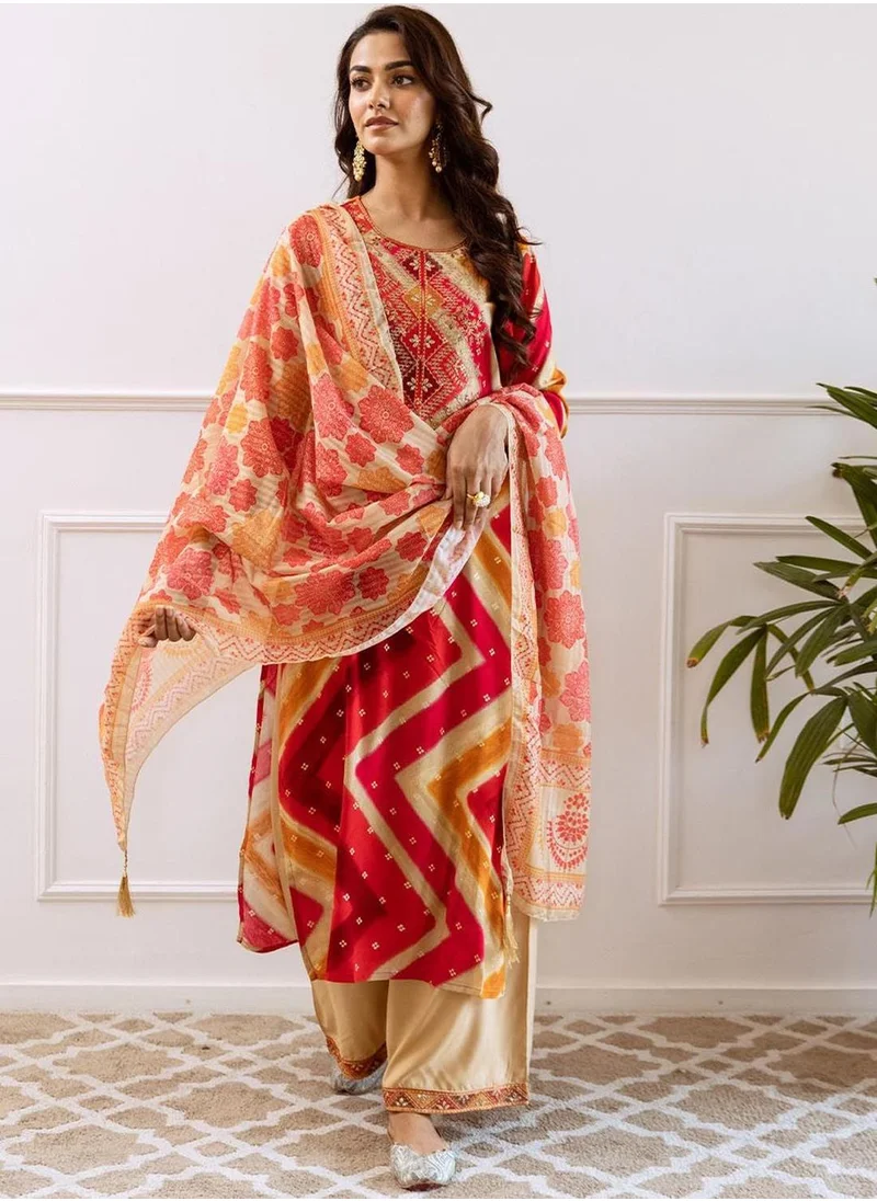 آي شين Women's Red Rayon Printed Tunic Full Length Casual Straight Fit Kurta Set