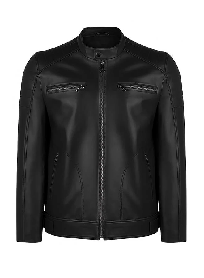 فيليكس هاردي Genuine Leather Black High Neck Biker Jacket