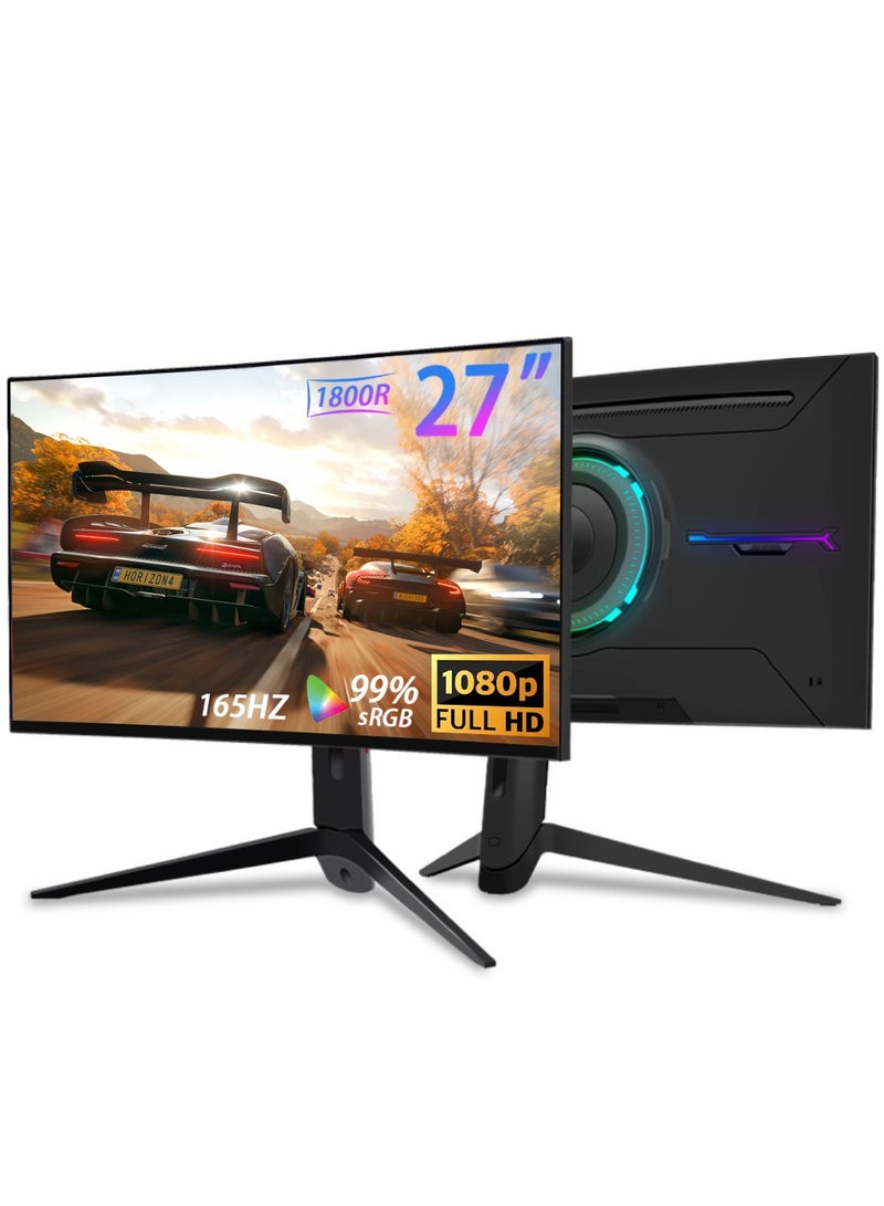 HILUKE 27 Inch 165Hz Curved Gaming Monitor, Full HD 1080P, Frameless 1800R Screen, FreeSync & Eye-Care HDMI & DP Ports (Black) - Image 1