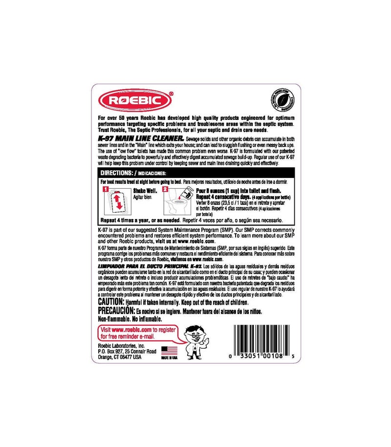 Roebic K-97 Main Line Cleaner: Exclusive Bacteria Digests Paper, Fats, and Grease in Sewer and Septic Systems - 32 Ounces, Liquid - Image 2
