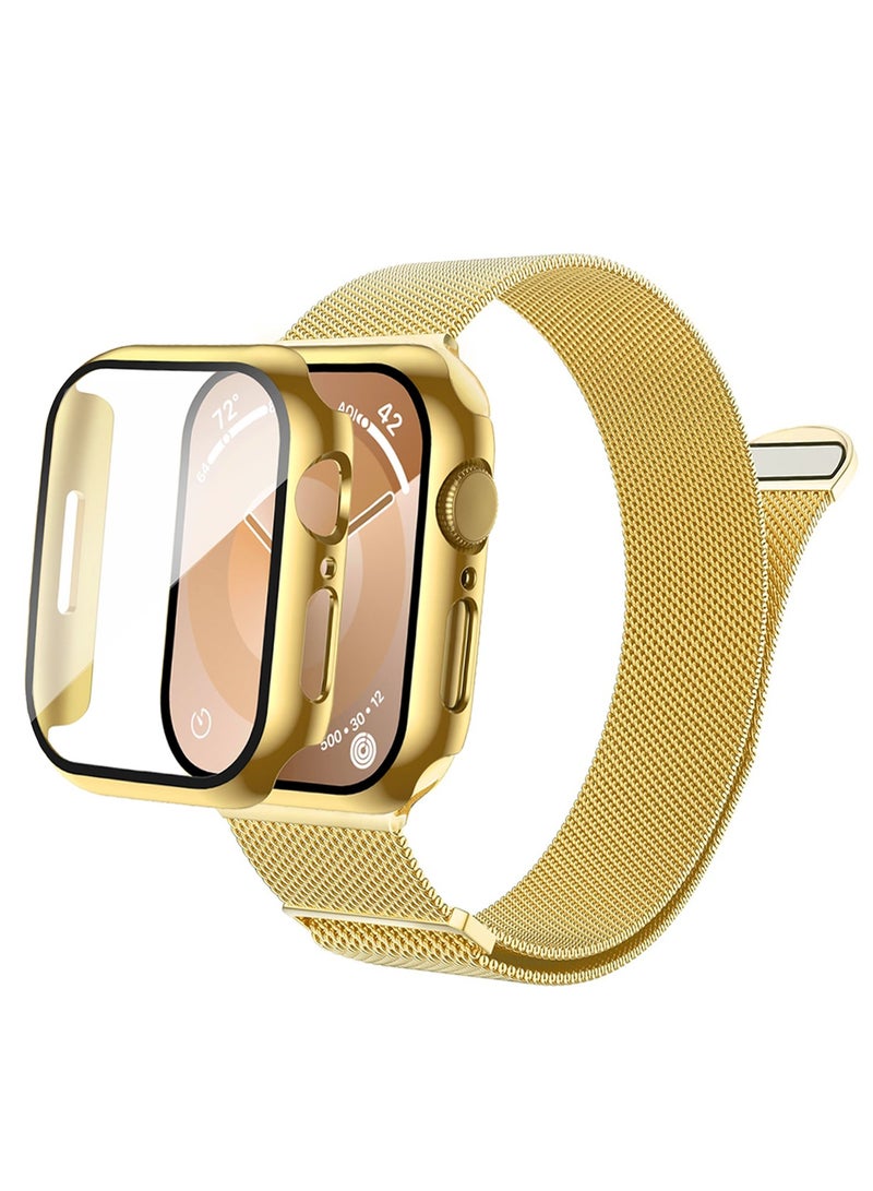 Case and watch band Set for Apple Watch Series10, 42mm, stainless steel mesh metal iWatch strap with Tempered Glass Screen Protector, Golden - Image 1