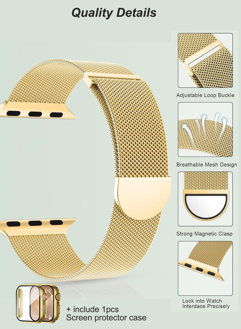 Case and watch band Set for Apple Watch Series10, 42mm, stainless steel mesh metal iWatch strap with Tempered Glass Screen Protector, Golden - Image 3