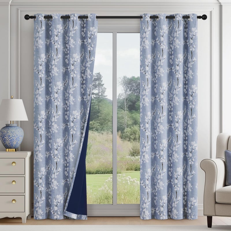 FMFUNCTEX 100% Blackout Floral Curtains for Bedroom, Blue Curtains 72 inch Length Blossom Flower Patterned for Living Room, Thermal Insulated Farmhouse Drapes, Grommet Top 2 Panels (White on Blue) - Image 1