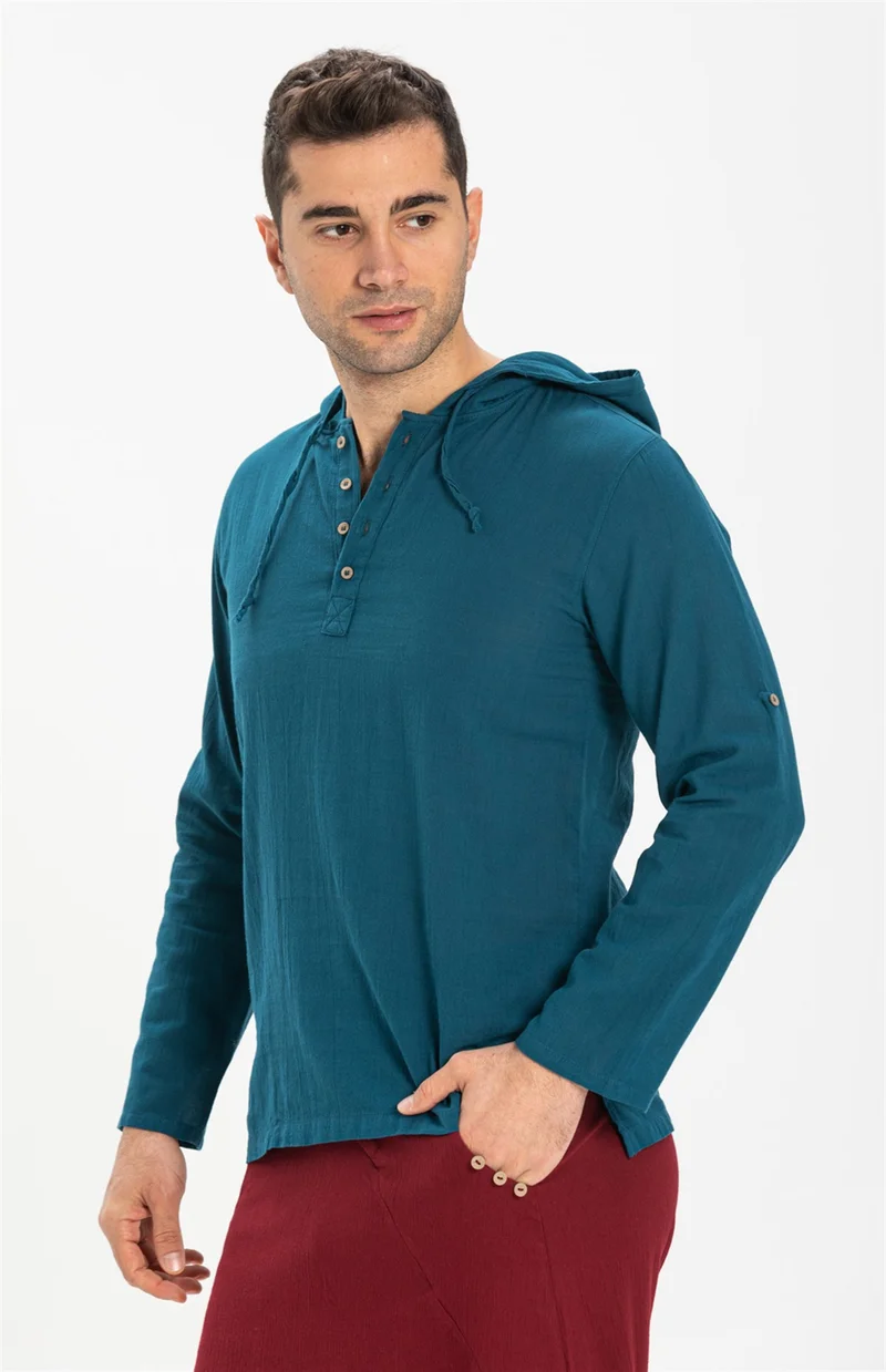 اليش شيل بيزي Şile Bezi Çift Cepli Kapüşonlu Erkek Sweatshirt Petrol Ptrl