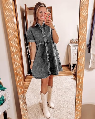 GRAPENT Womens Dresses for Summer Dresses for Women 2023 Elegant Mothers Day Dress for Women Short Cocktail Dress Spring Dresses Women Casual Jean Shirt Dresses for Women Denim Color Foxy Grey Size XL - Image 5