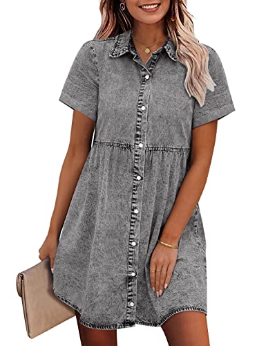 GRAPENT Womens Dresses for Summer Dresses for Women 2023 Elegant Mothers Day Dress for Women Short Cocktail Dress Spring Dresses Women Casual Jean Shirt Dresses for Women Denim Color Foxy Grey Size XL - Image 1