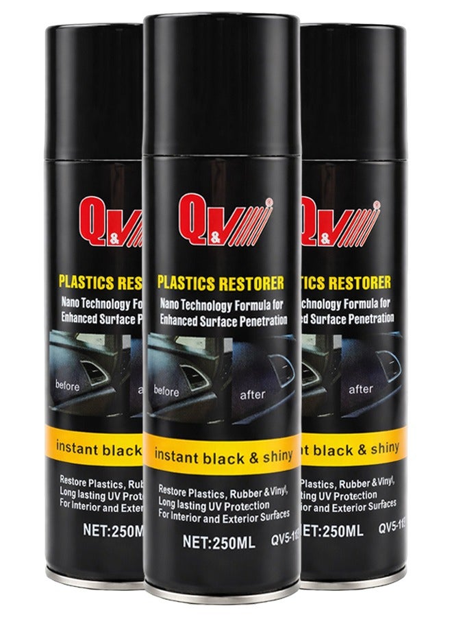 3PCS Q&V Plastics Restorer Spray 250ML Nano Technology Plastic Polish Restorer Car Interior Exterior Trim Restorer Dashboard Polish Rubber Vinyl Shine UV Protection Instant Black Gloss Finish Model QV5-112 - Image 1
