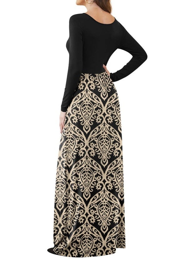 DB MOON Women Plus Size Casual Long Sleeve Maxi Dresses Empire Waist Long Dress with Pockets Black and Gold XL, Black and Gold, XL - Image 3