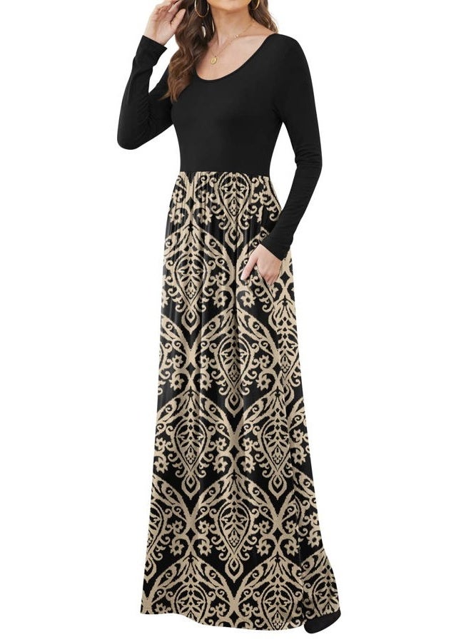 DB MOON Women Plus Size Casual Long Sleeve Maxi Dresses Empire Waist Long Dress with Pockets Black and Gold XL, Black and Gold, XL - Image 4