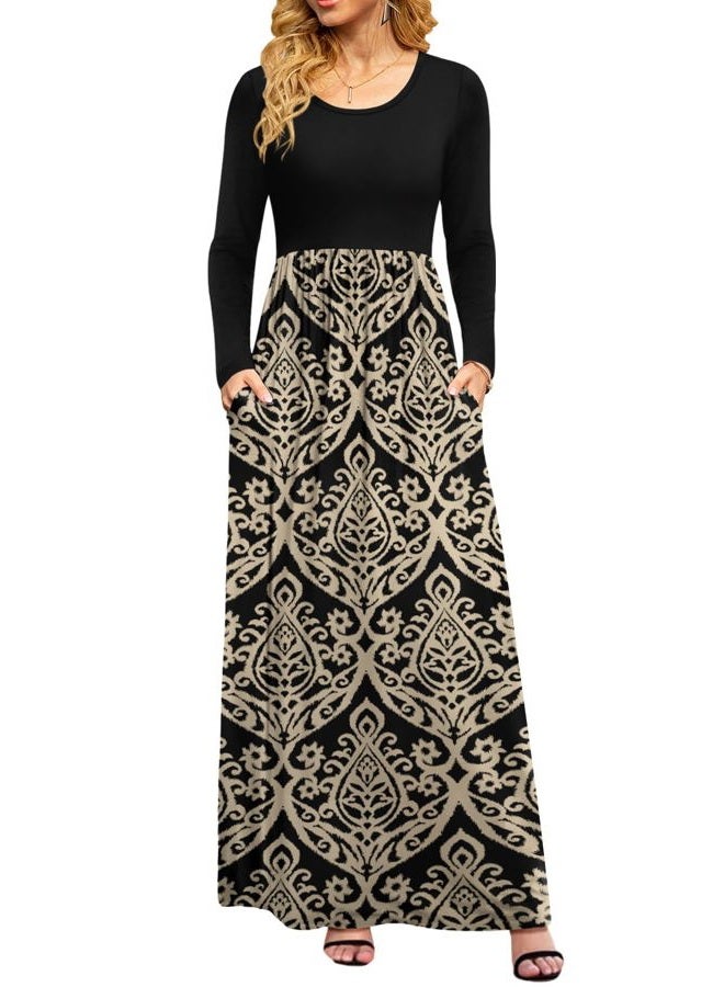 DB MOON Women Plus Size Casual Long Sleeve Maxi Dresses Empire Waist Long Dress with Pockets Black and Gold XL, Black and Gold, XL - Image 1