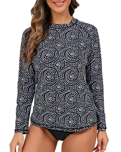 Halcurt Women's Long Sleeve Rash Guard Swim Shirts Quick Dry UPF50+ UV Sun Protection Swimsuit Top Black White Polka Dot L - Image 1