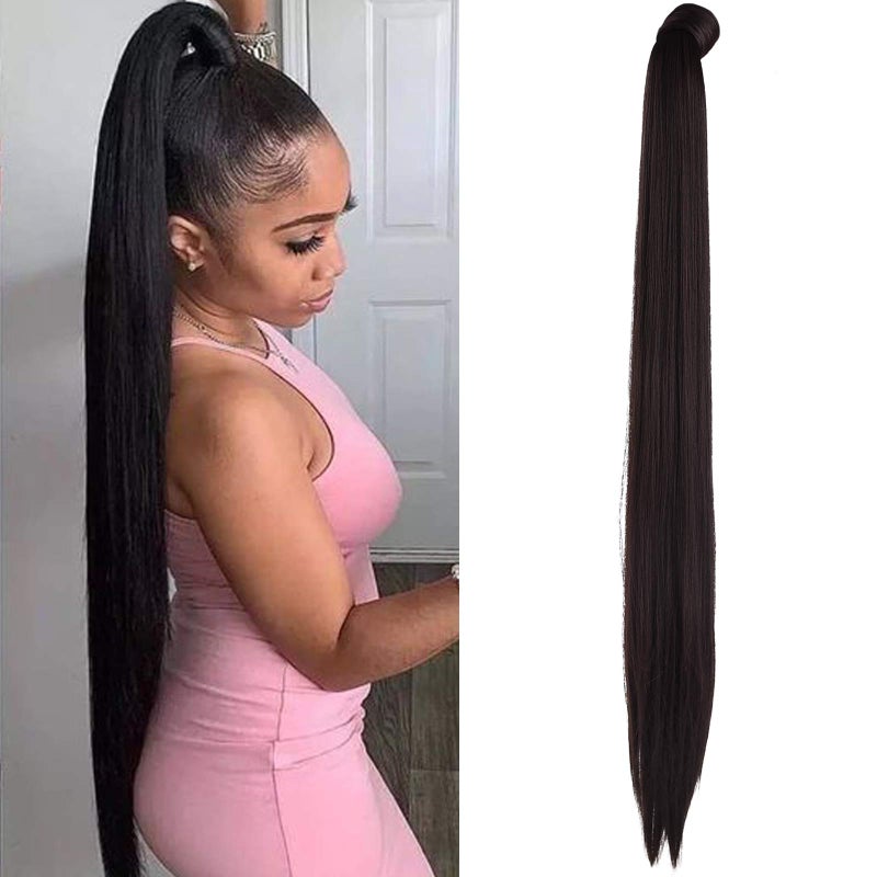 SEIKEA 35 Inch Clip in Ponytail Extension Wrap Around Long Straight Pony Tail Hair Synthetic Hairpiece for Women Dark Brown