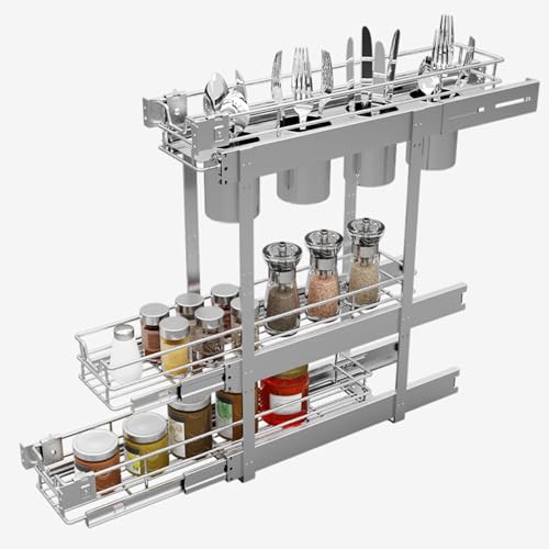 Sikarou 3-Tier 5" W x 21" D Narrow Pull Out Cabinet Organizer, Roll out Spice Rack Holder Shelve, Slide Out Slim Storage Wire Baskets for Storage Organization - Image 1