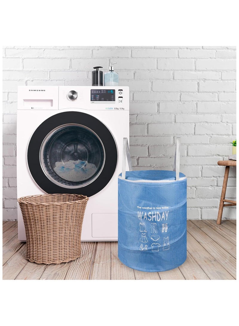 45L Round Canvas Laundry Hamper, Foldable Waterproof Storage Basket - Image 3
