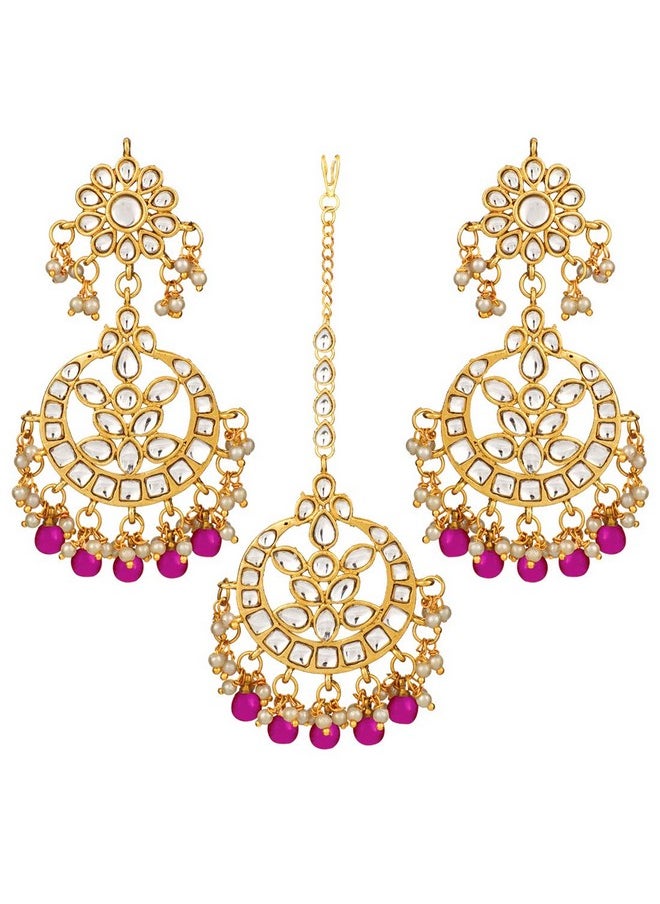 Aheli - Indian Traditional Wedding Faux Kundan Beads And Pearls Chandbali Earrings Maang Tikka Earrings Set Ethnic Bollywood Jewelry Set For Women Rani Pink 2 - Image 1