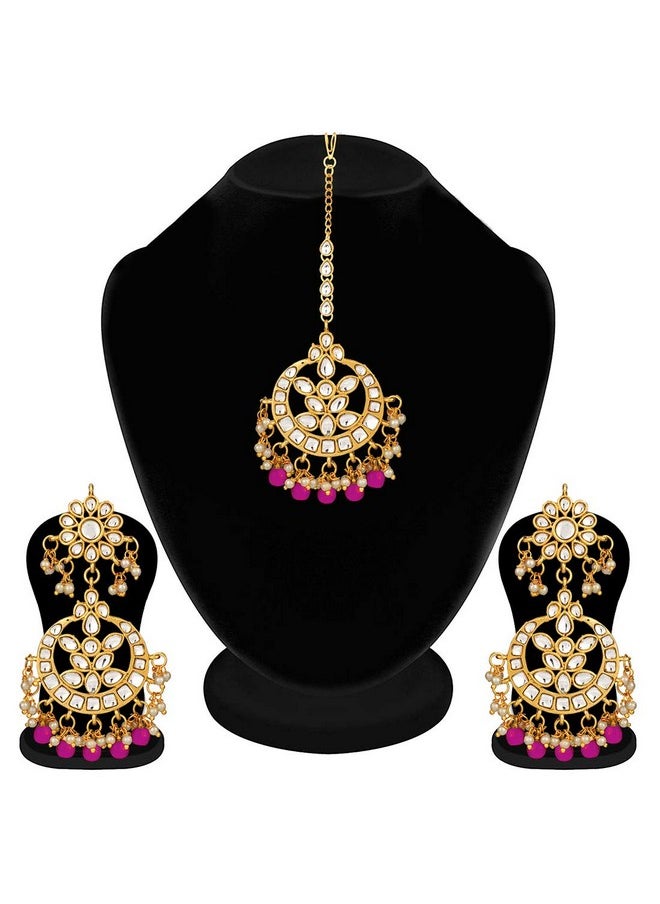 Aheli - Indian Traditional Wedding Faux Kundan Beads And Pearls Chandbali Earrings Maang Tikka Earrings Set Ethnic Bollywood Jewelry Set For Women Rani Pink 2 - Image 1