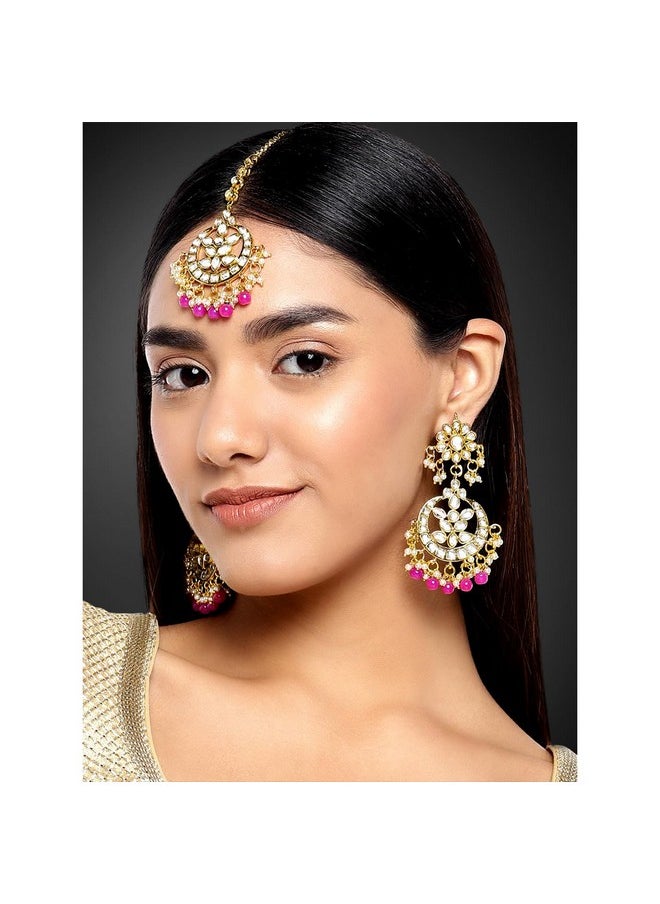 Aheli - Indian Traditional Wedding Faux Kundan Beads And Pearls Chandbali Earrings Maang Tikka Earrings Set Ethnic Bollywood Jewelry Set For Women Rani Pink 2 - Image 1