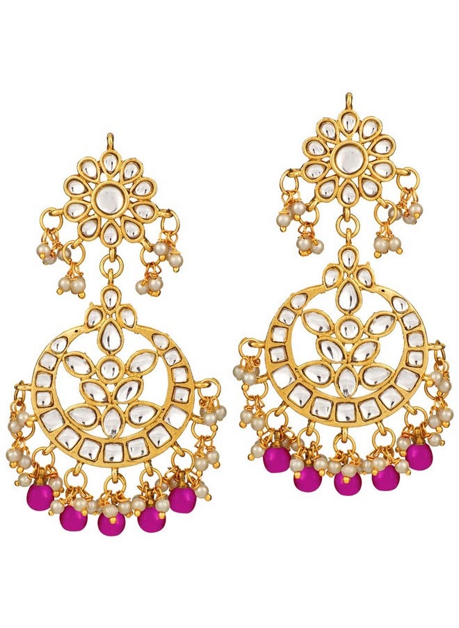 Aheli - Indian Traditional Wedding Faux Kundan Beads And Pearls Chandbali Earrings Maang Tikka Earrings Set Ethnic Bollywood Jewelry Set For Women Rani Pink 2 - Image 1