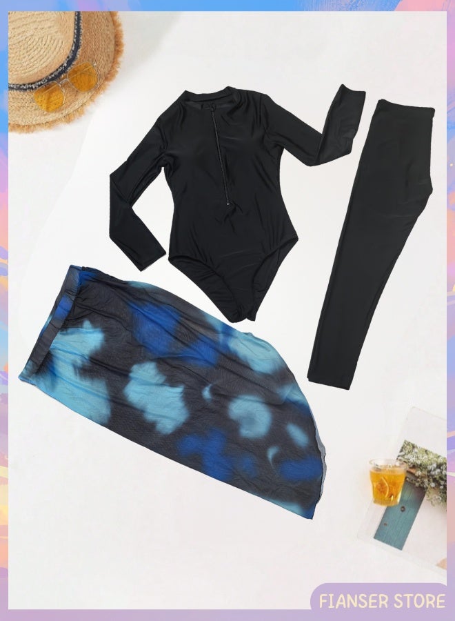 Fianser Burkini Swimsuits Set 3-Piece Swimwear With Long Chiffon Skirt Long Sleeve Beachwear Fashion Conservative Sun UV Protection Diving Suit Surfing Suit Quick Dry Swimming Costume Zipper Long Pants - Image 3