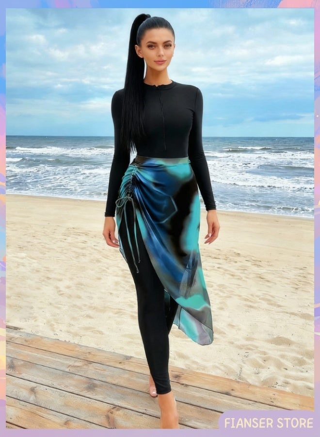 Fianser Burkini Swimsuits Set 2-Piece Swimwear With Long Chiffon Skirt Long Sleeve Beachwear Fashion Conservative Sun UV Protection Diving Suit Surfing Suit Quick Dry Swimming Costume Zipper Long Pants - Image 1