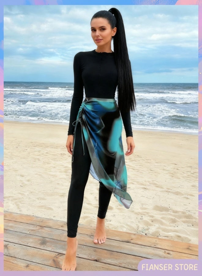 Fianser Burkini Swimsuits Set 2-Piece Swimwear With Long Chiffon Skirt Long Sleeve Beachwear Fashion Conservative Sun UV Protection Diving Suit Surfing Suit Quick Dry Swimming Costume Zipper Long Pants - Image 2