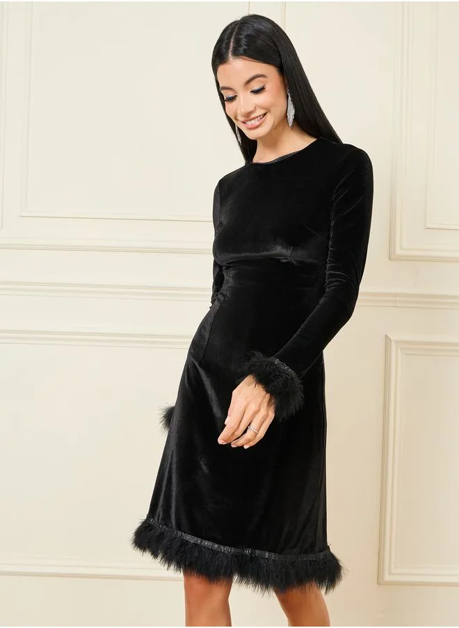 Styli Velvet Faux Fur Trim Shift Knee Length Dress