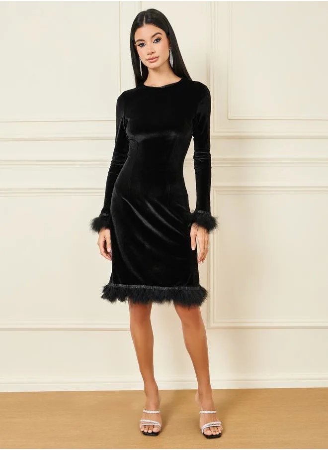 Styli Velvet Faux Fur Trim Shift Knee Length Dress