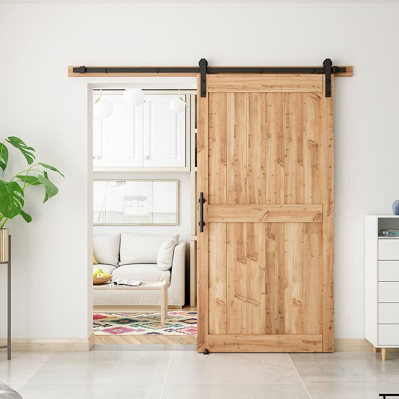 SMARTSTANDARD 7 FT Heavy Duty Sturdy Sliding Barn Door Hardware Kit, Black, (Whole Set Includes 1x Pull Handle Set & 1x Floor Guide) Fit 40''-42" Wide Door Panel (I Shape Hanger) - Image 5